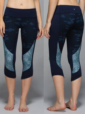 Lululemon Navy Camo Speckle Panel Luon Mid Rise Wunder Under Crop